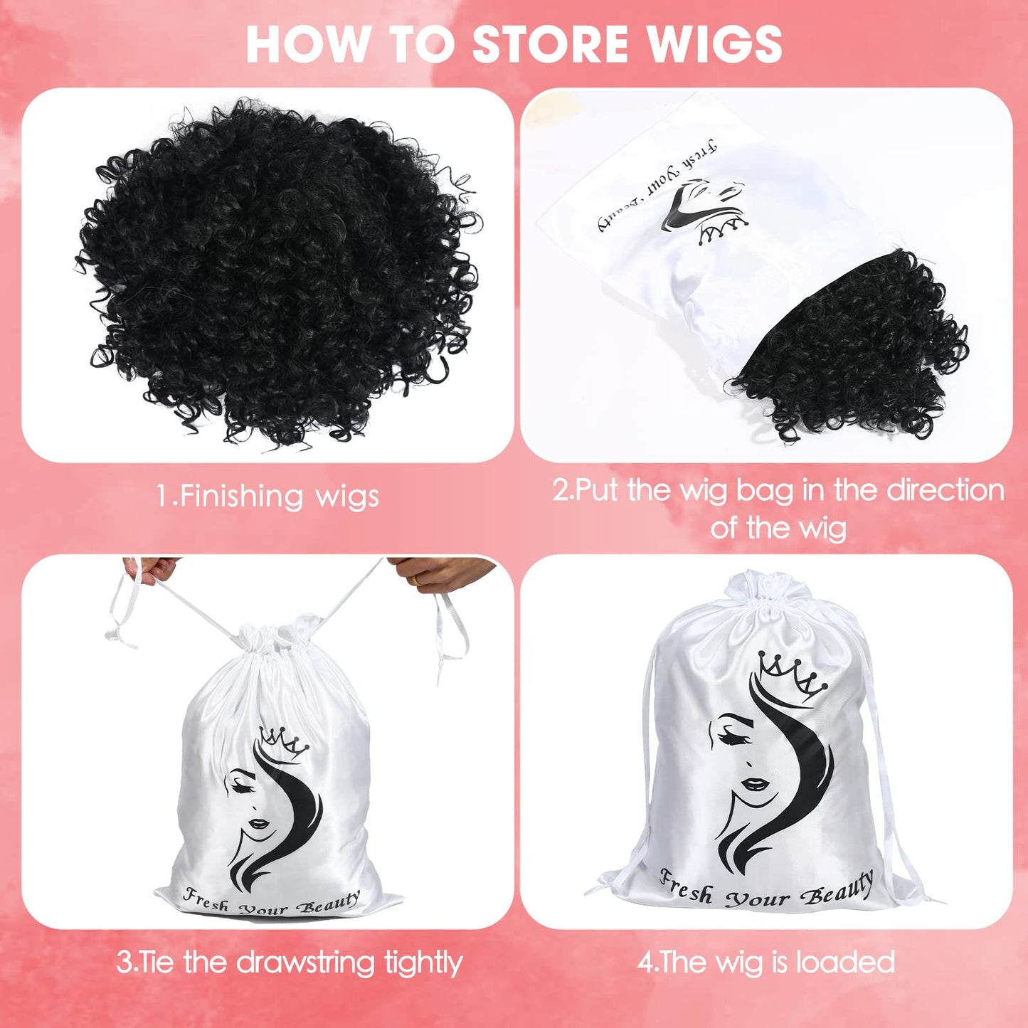AliLeader 6 Pcs Silk/Satin Wig Storage Bags, Drawstring Travel Bag for Bundles,Wigs,Hair Extensions,Gift(White, Pink)