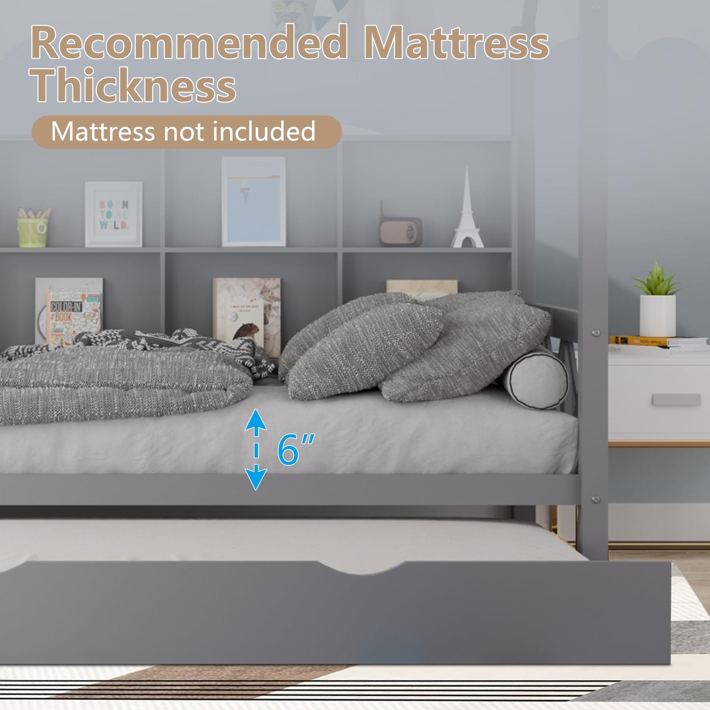 HUMEHA Full House Bed with Trundle and Storage Shelf for Kids, Wooden Full Size Bed Frame with Roof Guardrails Wood Slats Headboard for Boys Girls,No Box Spring Required, Gray