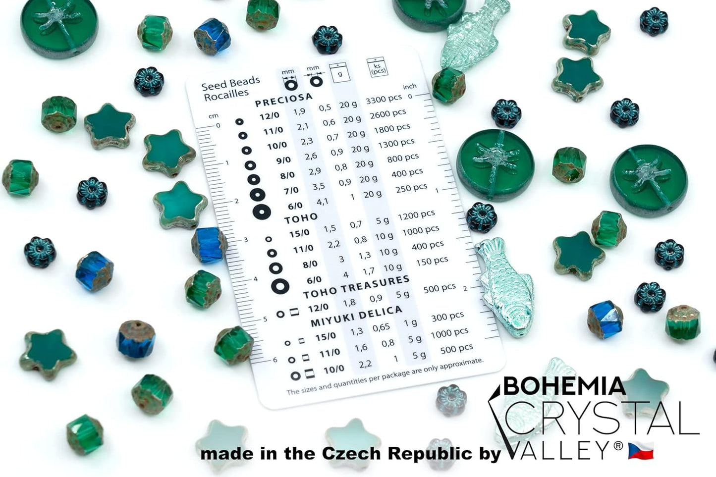 2.1oz (60g) of Glass Focal Bead Mix with Flowers, Table-Cut and fire Polish Czech Beads, PG Green