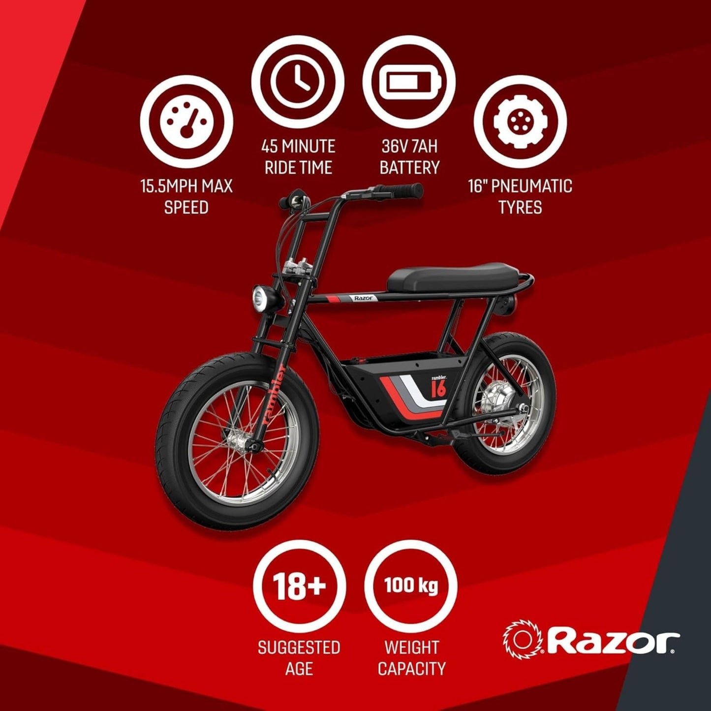 Razor Electric Bike for Ages 18+, 220 lb Max Weight, Black, w/ 350W Motor, 16” Tires & 36V Battery, Up to 15.5 MPH, Rambler 16 – Rechargeable Minibike for Teens and Adults