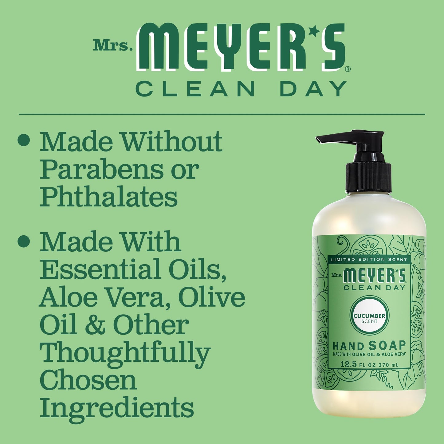 MRS. MEYER'S CLEAN DAY Liquid Hand Soap, Cruelty Free and Biodegradable Hand Wash Formula Made with Essential Oils, Cucumber Sce