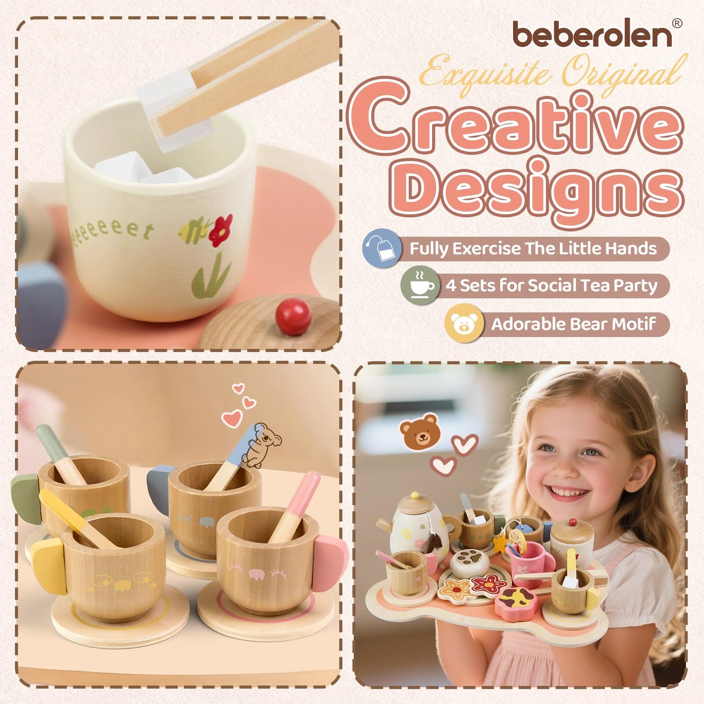 Beberolen Tea Party Set for Toddlers 3-5 Girls Boy Birthday Gift Pretend Play Food Wooden Picnic Outdoor Toys Kids Age 2 3 4 5 6 Educational Wood Toy