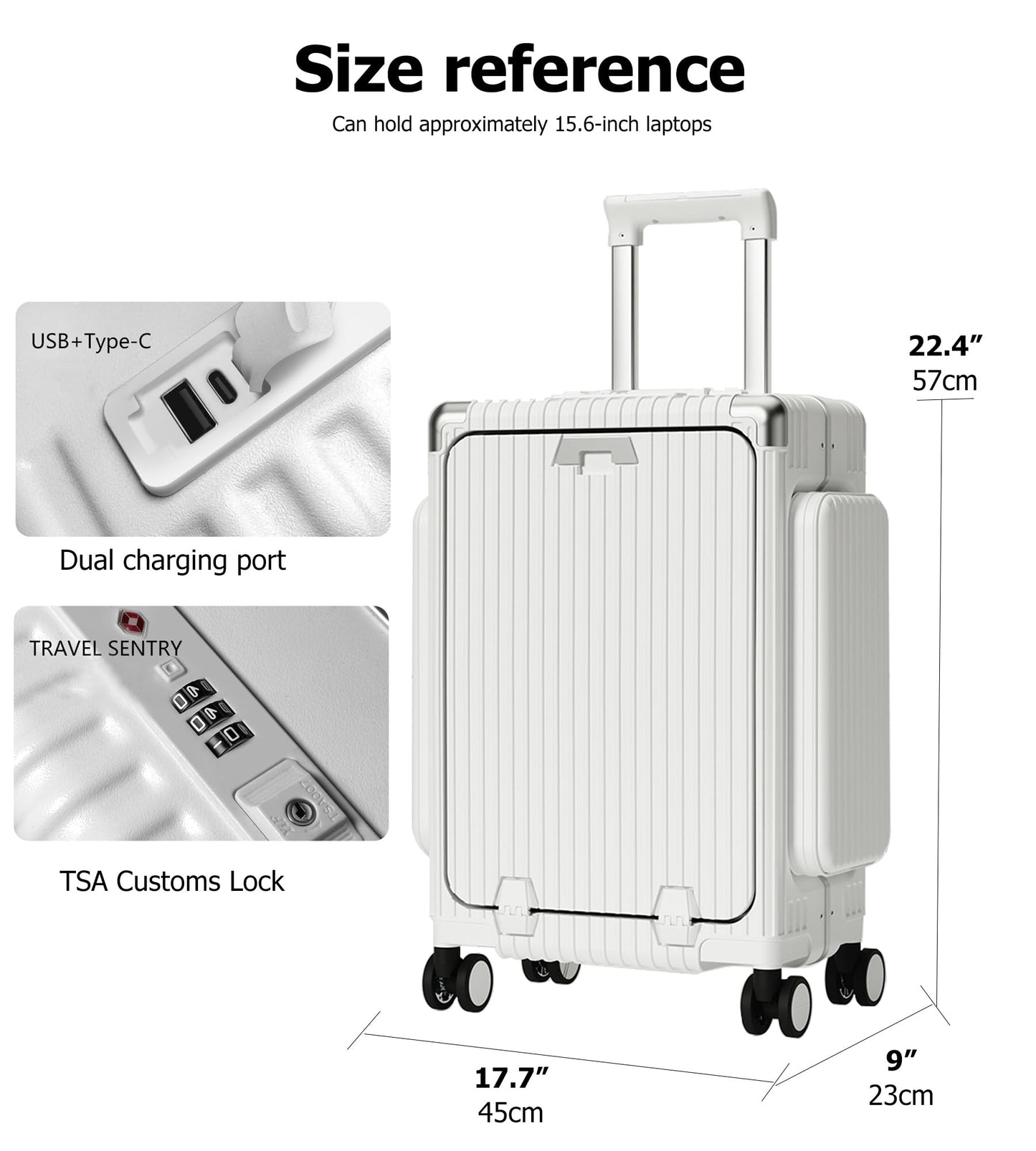 feilario 20in Aluminum Frame PC Carry On Luggage Tri-Zone Access Hard Shell Brake Wheels Suitcase with Cup Holder, Phone Holder, TSA Approved Lock (White, 20.8")