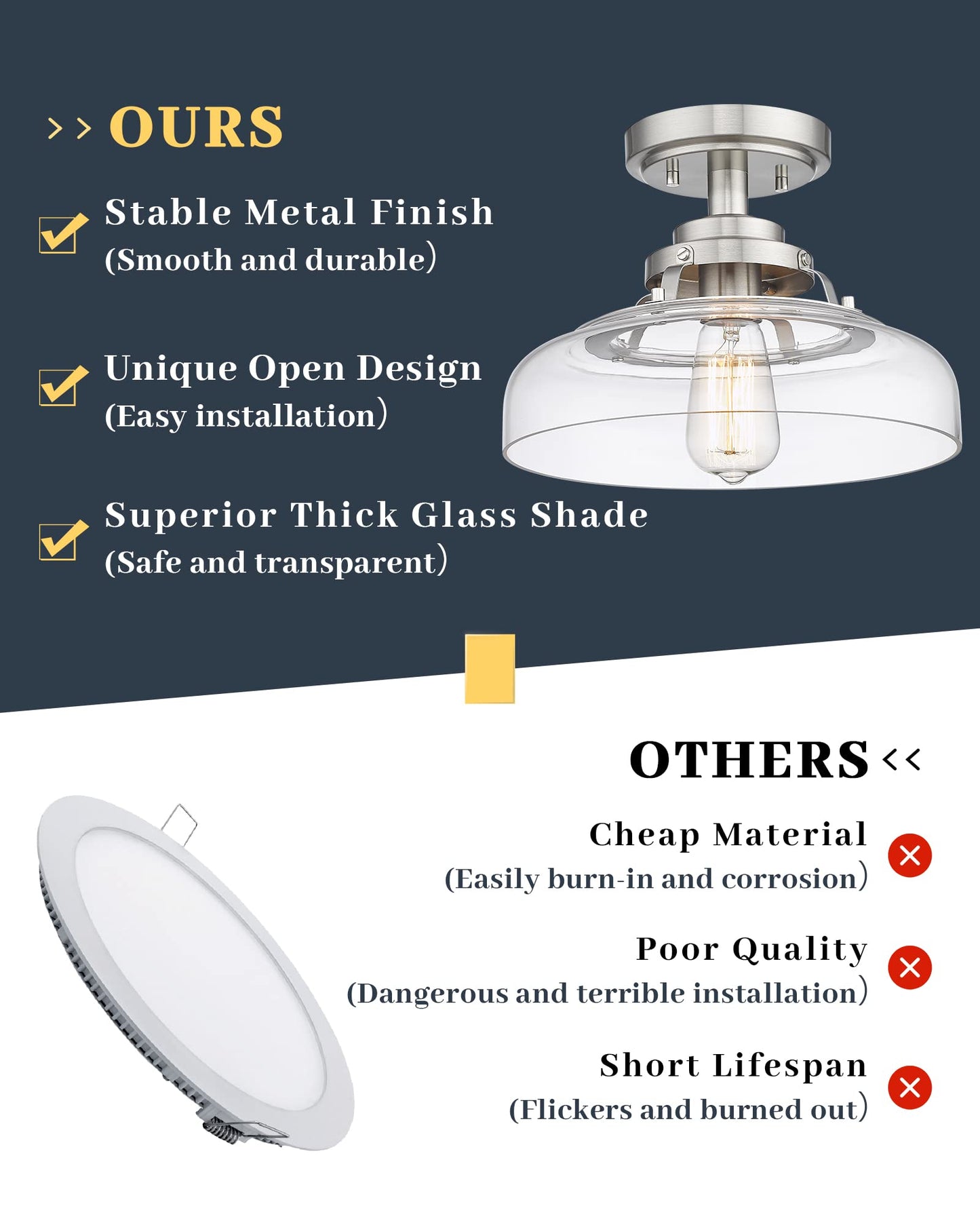 EAPUDUN Semi Flush Mount Ceiling Light, Farmhouse Close to Ceilight Lighting Fixture, Brushed Nickel Finish, Clear Glass Pendant Lamp Shade, SMA1307-BNK