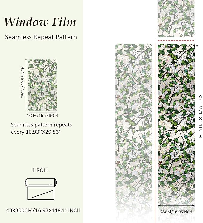 Rainbow Window Privacy Film Stained Glass Handmade Design for Bathroom, Ginkgo Leaves, 118.11'' x 16.92''