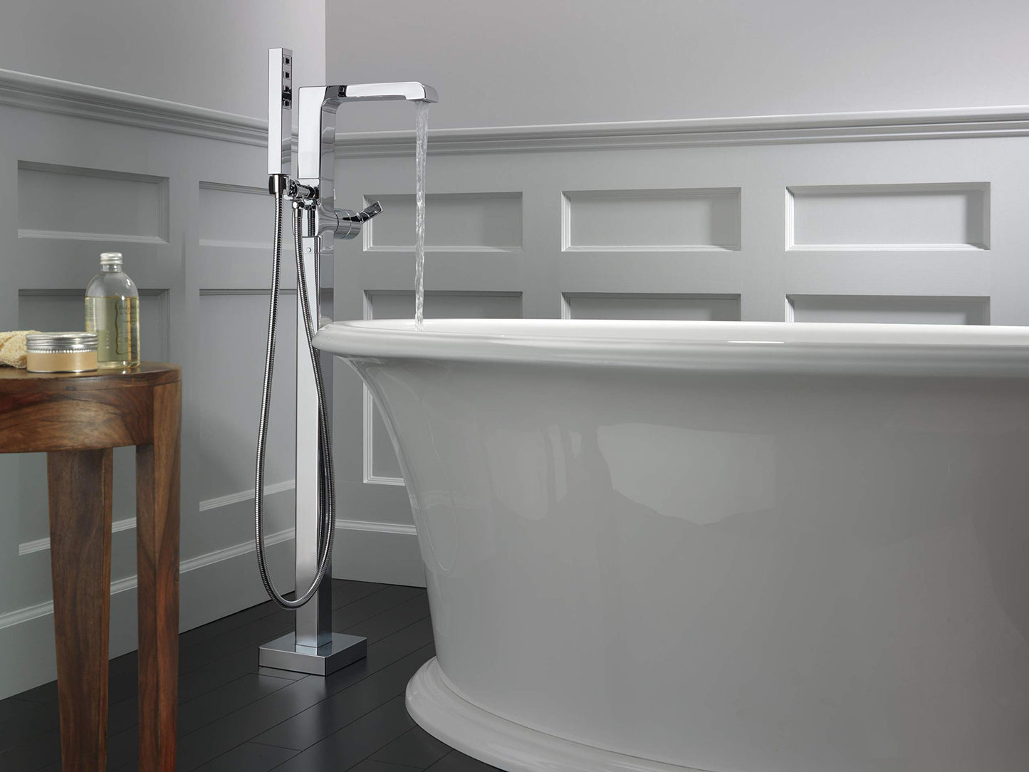 Delta Ara Freestanding Tub Faucet with Hand Held Shower, Chrome Floor Mount Tub Filler, Chrome T4767-FL (Valve Not Included)