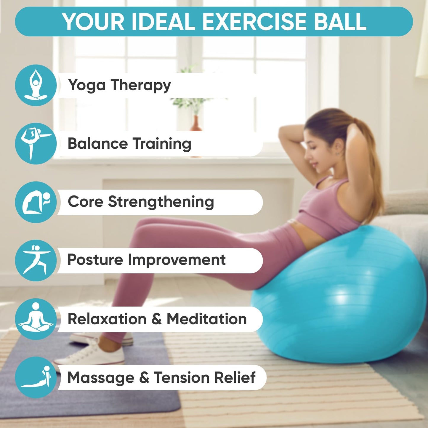 APEXUP Yoga Ball Exercise Ball, Anti Slip Stability Ball Chair, Heavy Duty Large Gym Ball for Fitness, Balance, Core Workout and Physical Therapy (S (15"~18") 45cm, Light Blue)