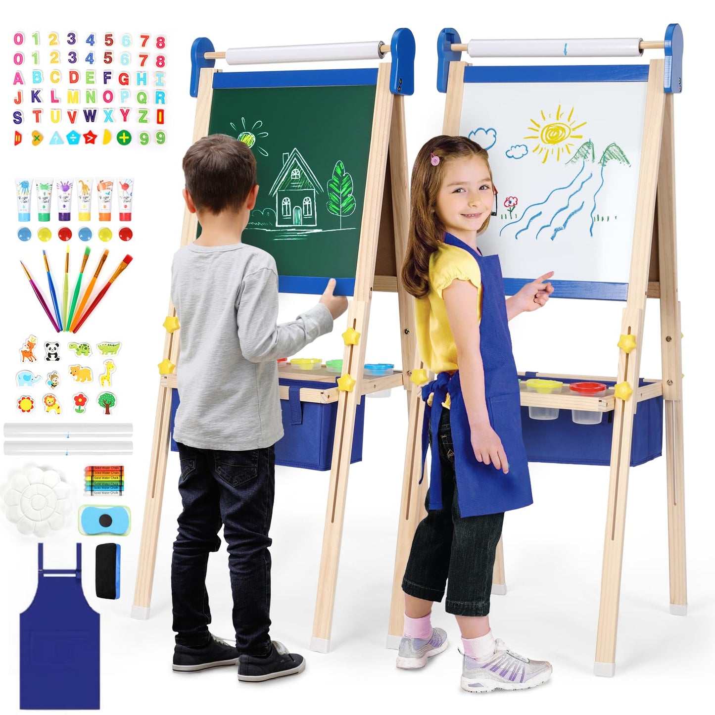 Kids Easel 3-1,Magnetic Chalkboard & Whiteboard, Paper Painting, Big Storage with Canvas Bag, Painting Sets with Finger Paints,Chalks,Brushes,Number Letters Magnets, Apron, Gift for Kids, Blue