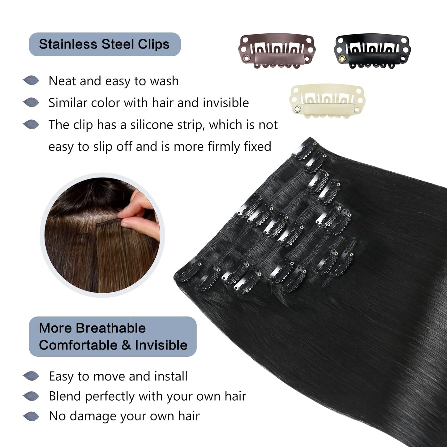 Sunya Real Human Hair Clip in Extensions - Jet Black, Double Weft, Straight, 20 Inch #1 - 8 Pcs/120g