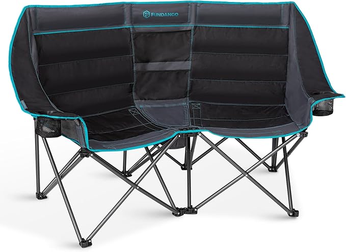 FUNDANGO Extra Wide Double Camping Chair for Adults with Cooler, Oversized 2 Person Loveseat, Padded Heavy Duty Two Person Folding Lawn Couch seat with Cup Holders for Outdoor, Camp, Sports & Lawn