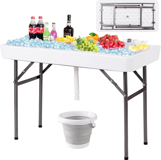 Giantex 4 FT Folding Ice Cooler Table with Drain & Bucket, Removable Skirt, No Assembly, Portable Fill and Chill Table for...