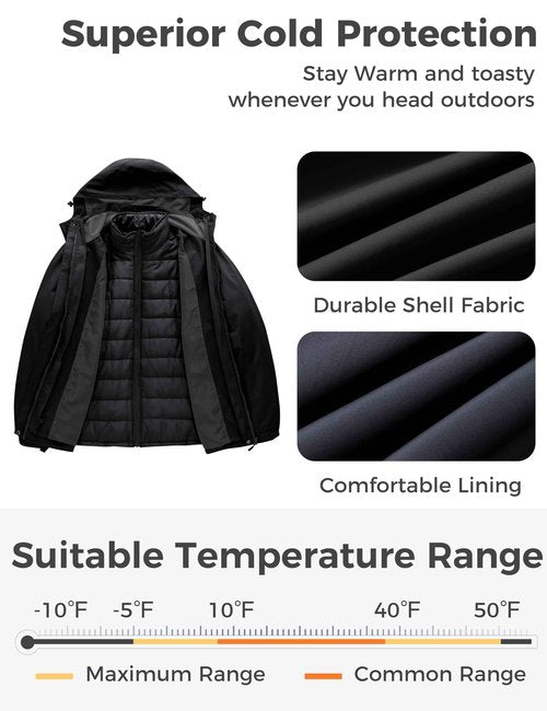 wantdo Women's 3 in 1 Ski Jacket Winter Mountain Insulated Warm Raincoat Black 4X-Large