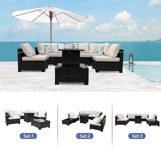 3D MATRIX 8 Pieces Patio Furniture Set with 28" Fire Pit Table, Wicker Outdoor Sectional Couch, Rattan Conversation Set for Backyard, Deck, Garden Lawn, Brown/Beige