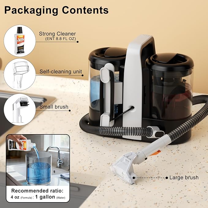 Portable Carpet & Upholstery Spot Cleaner Machine, Pro 18Kpa Powerful Suction Carpet Shampooer for Pet Stains, Furniture, Sofa, Stairs & Car Deep Cleaning with Dual Brush Heads & Cleaning Solution