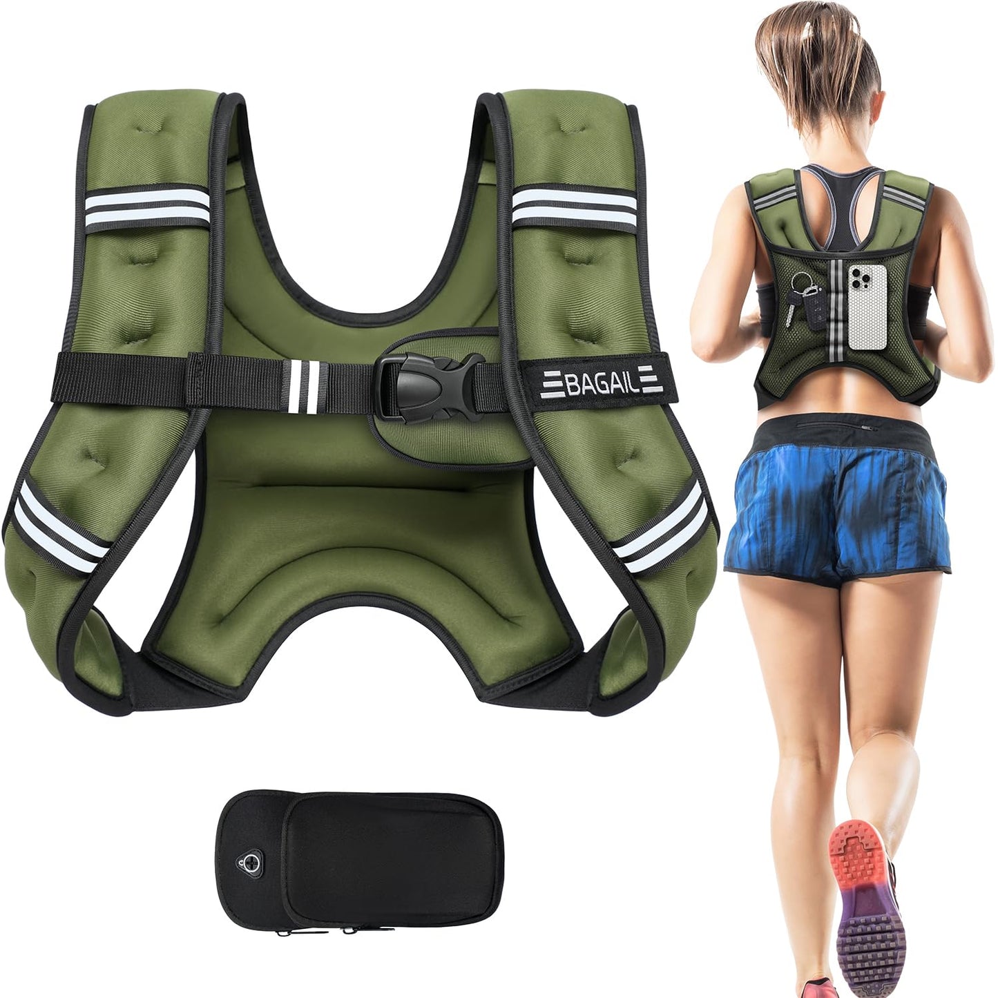 BAGAIL Weighted Vest, 5lb/8lb/10lb/12lb/15lb/20lb/25lb/30lb Weight Vest for Walking & Weight Loss, Reflective Rucking Vest with Phone Pouch for Women & Men, Home Gym & Outdoor Training