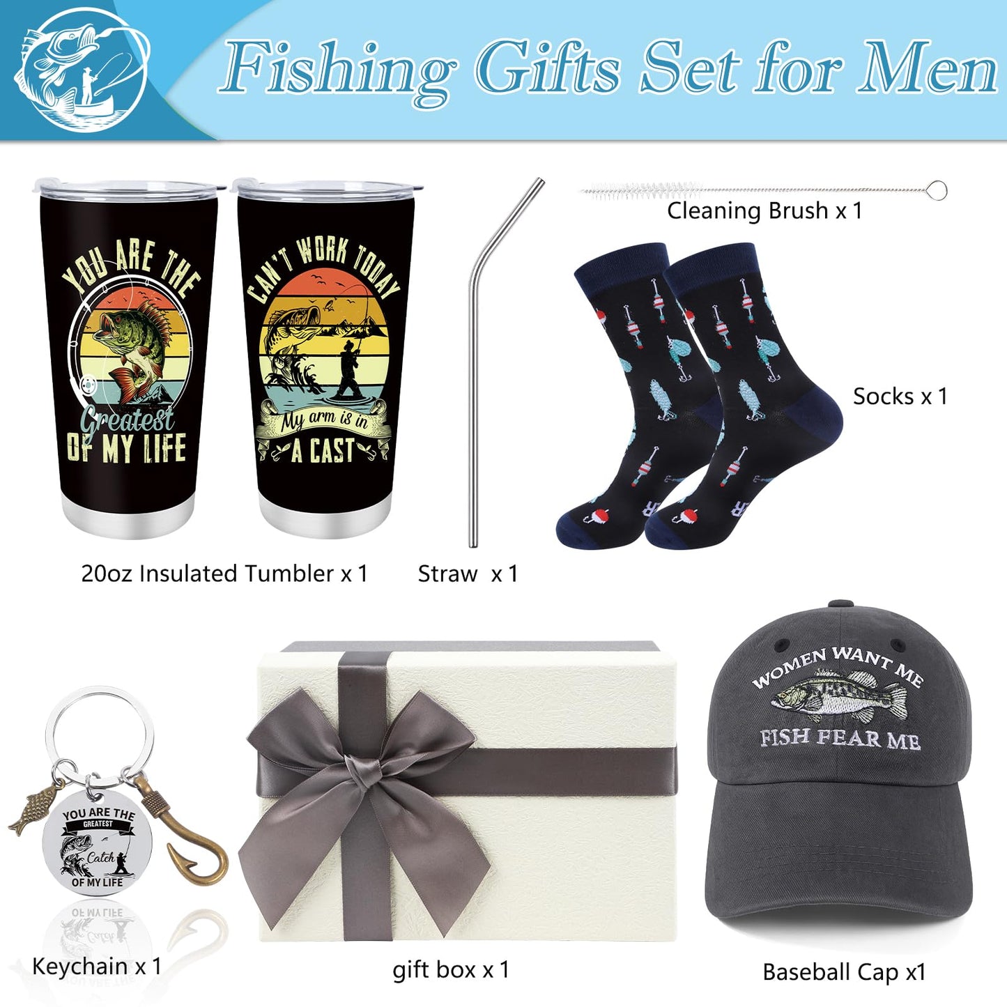Keluna Fishing Gifts for Men - 4Pcs Fishing Gifts Set, 20oz Fish Tumbler Socks Cap Keychain, Fisherman Father's Day Birthday Christmas Retirement Presents for Dad Grandpa Husband Brother Boyfriend