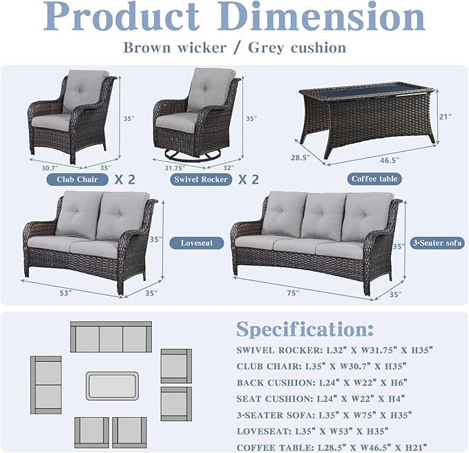 Belord Outdoor Wicker Furniture Patio Set - 7 Piece Backyard Furniture Brown Rattan Conversation Sets with Swivel Rocker Chairs, Rattan Sofa, Club Chairs and Coffee Table, Grey Cushion