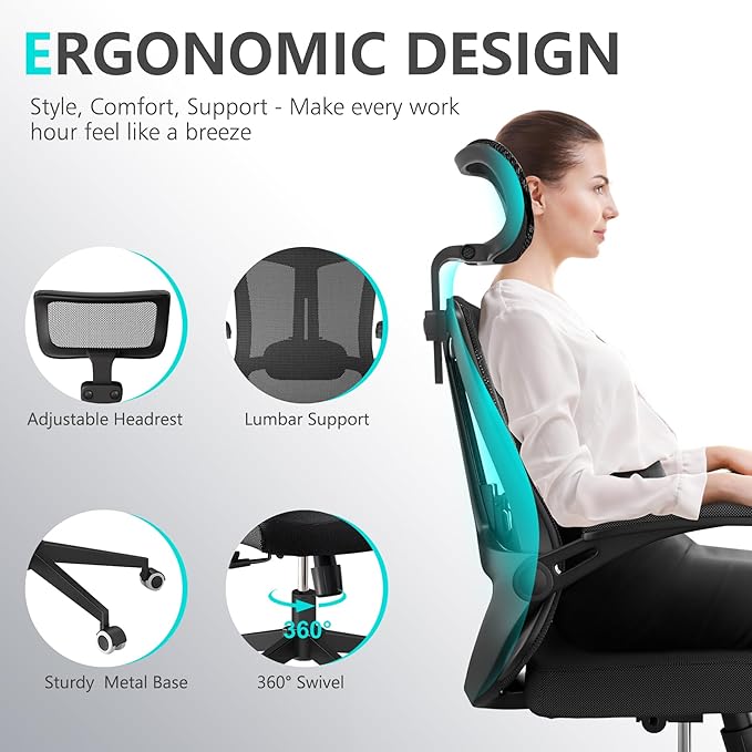 balmstar Office Chair,Ergonomic Comfy Home Desk Chair with 350LBS Capacity,High Back Gaming Chair with Wheels,Mesh Computer Chair,Lumbar Support, Adjustable Headrest,Flip-up Armrest (A-All Black)