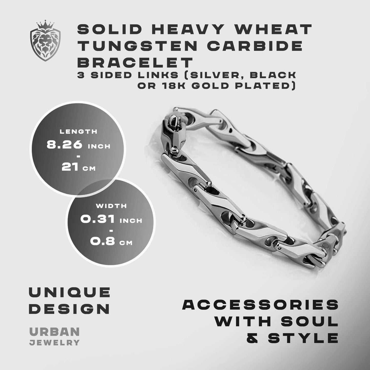 Urban Jewelry Classy Men's Solid Heavy Wheat Tungsten Carbide Bracelet - 3 Sided Links (Silver)