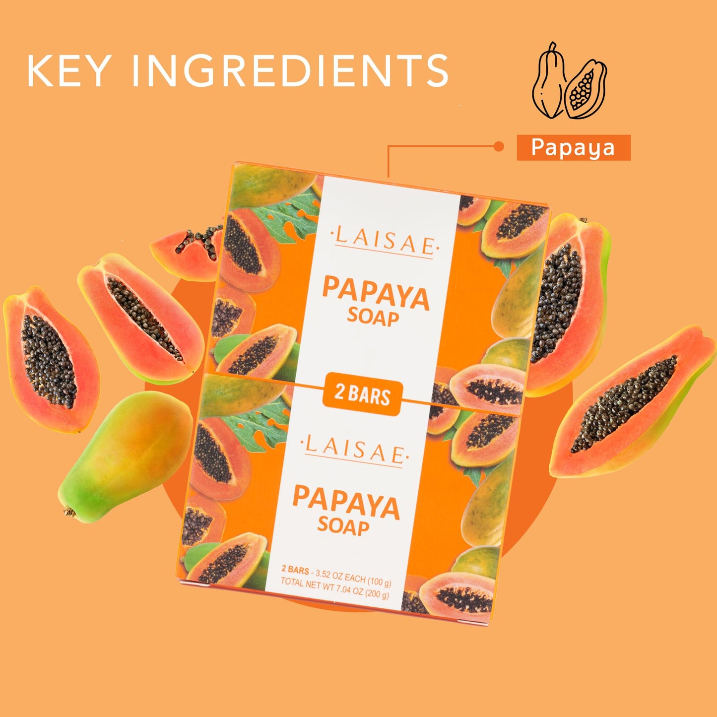 LAISAE Papaya Exfoliating Soap, Hydrating Face Moisturizer with Niacinamide, Shea Butter and Aloe Vera, Even Skin Tone Body Clea