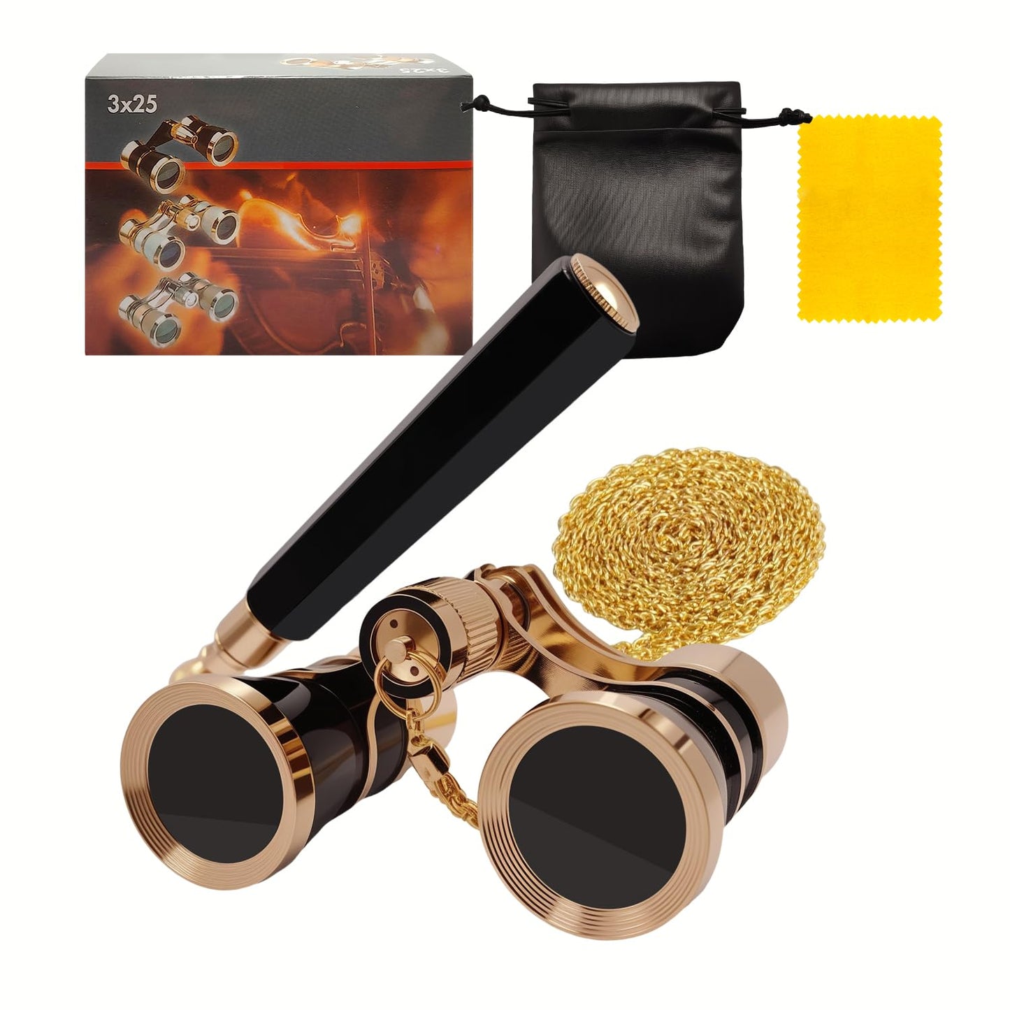 3X25 Opera Glasses Theater Binoculars with Adjustable Handle & Chain, Small Elegant Glasses for Adults Women Vintage Portable Co