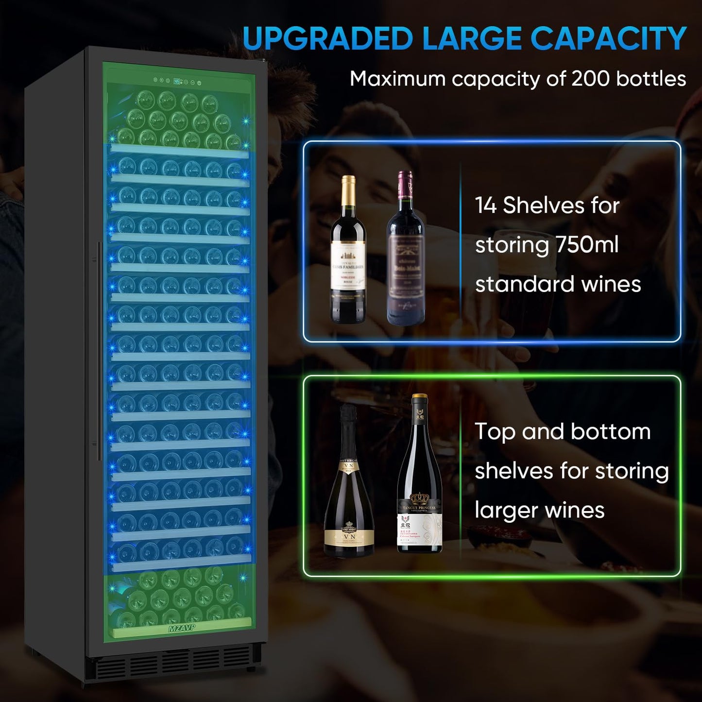 MZAVP Large Wine Fridge, 200 Bottles Wine Fridge with Fast Cooling and Intelligent Temperature Memory, Wine Cooler Refrigerator Freestanding or Built-in, Tall Wine Refrigerator with Glass Door, Black