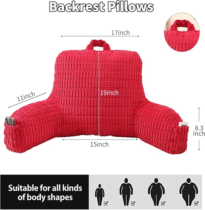 PAJEO Reading Pillow for Sitting in Bed, Large Backrest Reading Pillow with Arm Rest,Back-Rest Support Cushion for Sit Up on Couch, Sofa, and Floor, Dorm Essentials (Red Corduroy, Large(19"))