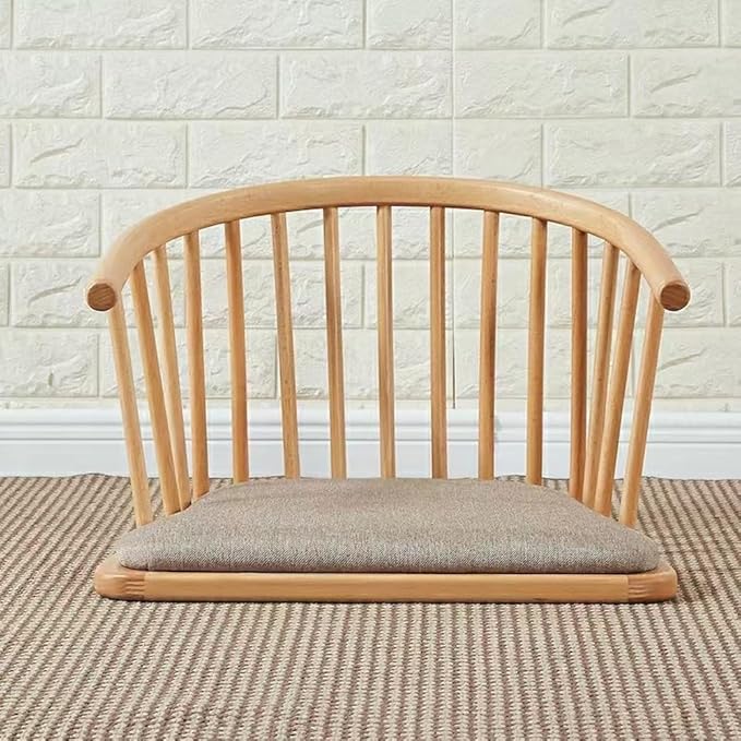 Solid Wood Floor Chair with Curved Back, Multi-Functional Low Stool for Living Room, Bedroom, Meditation Chair with Removable Cushion, Comfortable Legless Accent Chair(Natural)