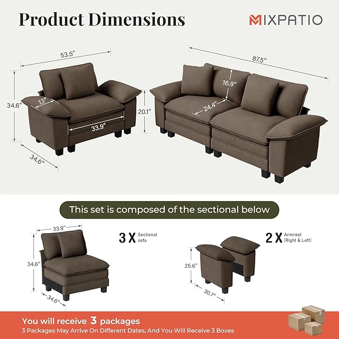 MIXPATIO L-Shaped Cloud Modular Sofa Set with Chaise, Deep Seat 3-Piece Sectional & Removable Arms, Plush Chenille for Living Room - Taupe