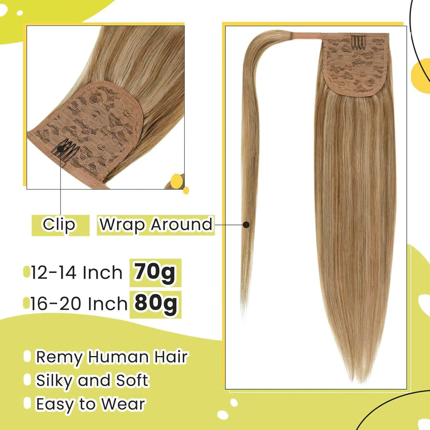 RUNATURE Human Hair Ponytail Extension Blonde Ponytail Hair Extension Dark Blonde Highlight Caramel Blond Short Ponytail Human H