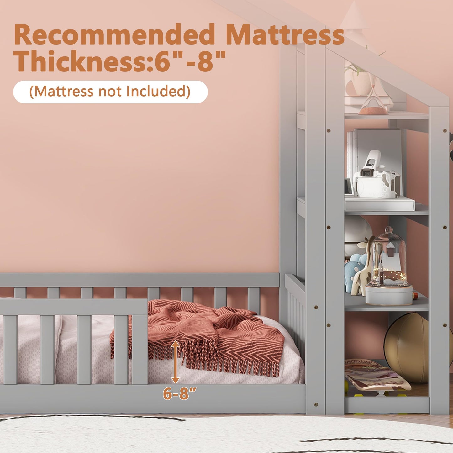 Aoowow Twin Size Floor Bed Twin House Bed Frame with Storage Shelves, Wooden Montessori Floor Bed Kids Playhouse with Fence for Boys Girls for Bedroom,Twin-Grey