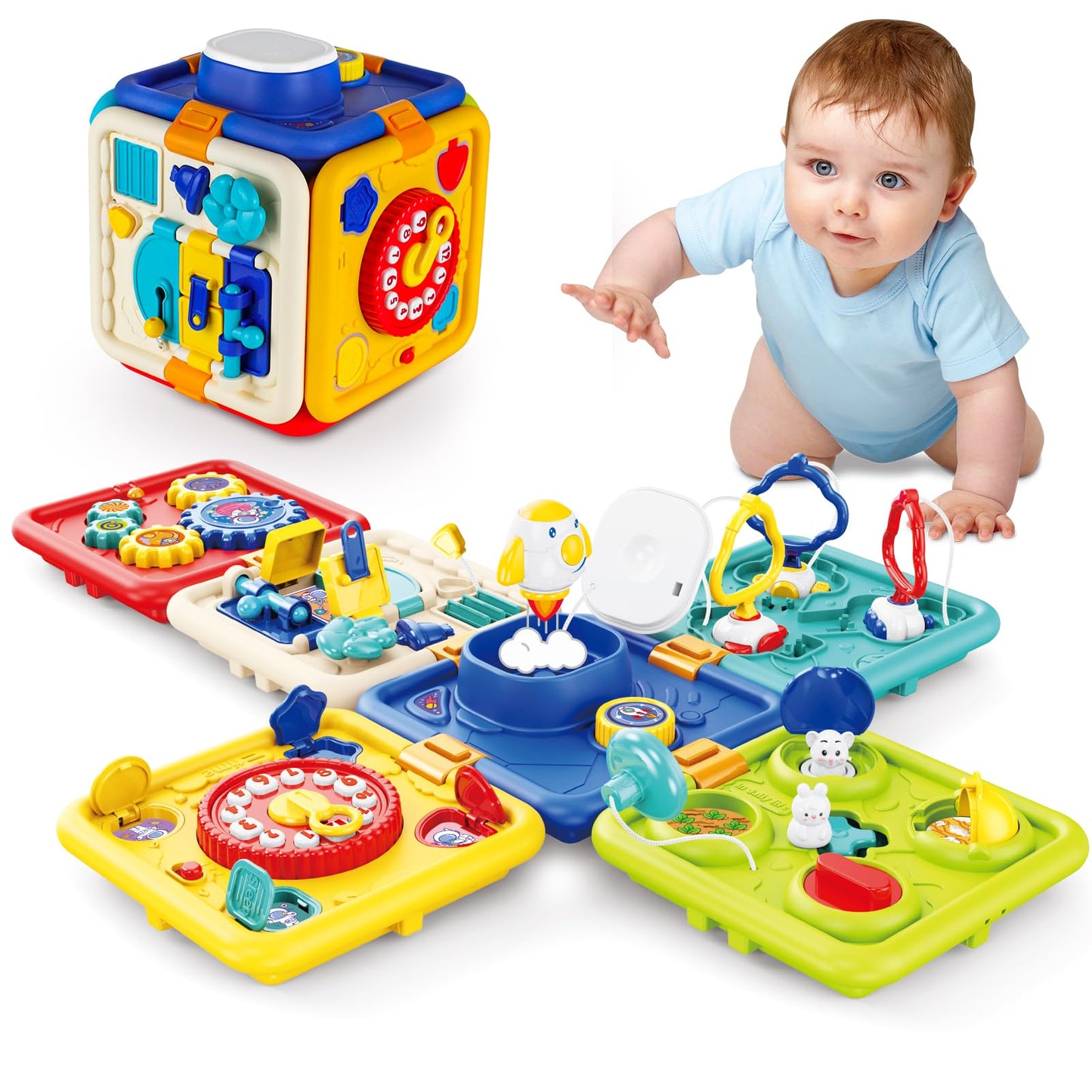 Busy Board for 1+ Year Old Girl & Boy Gifts, Montessori Toys for 1 2 3 4 Year Old Toddler, 6-in-1 Educational Early Development Toys for Toddlers 2-4, Christmas, Birthday Gift for 1-4 Year Old Kids