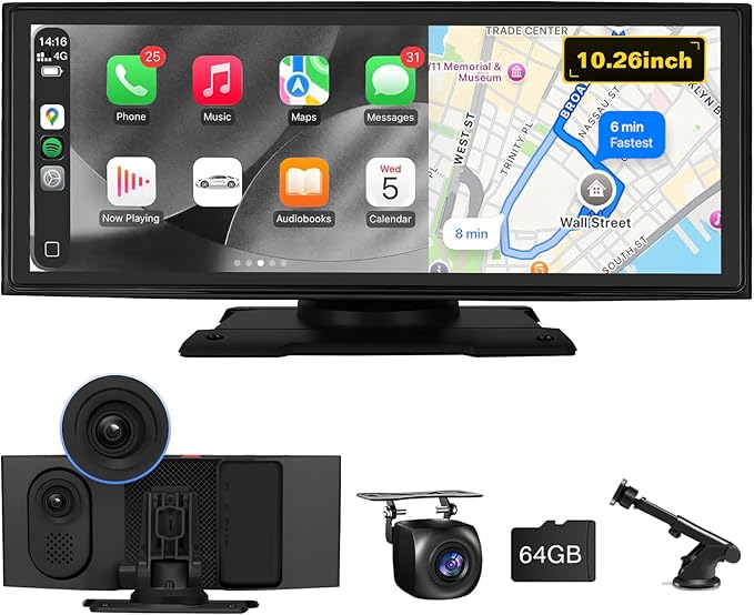 Stihoze 10.26'' Wireless CarPlay Screen for Car with 4K Dash Cam & 1080P Backup Camera, Apple Car Play & Android Auto Car ...