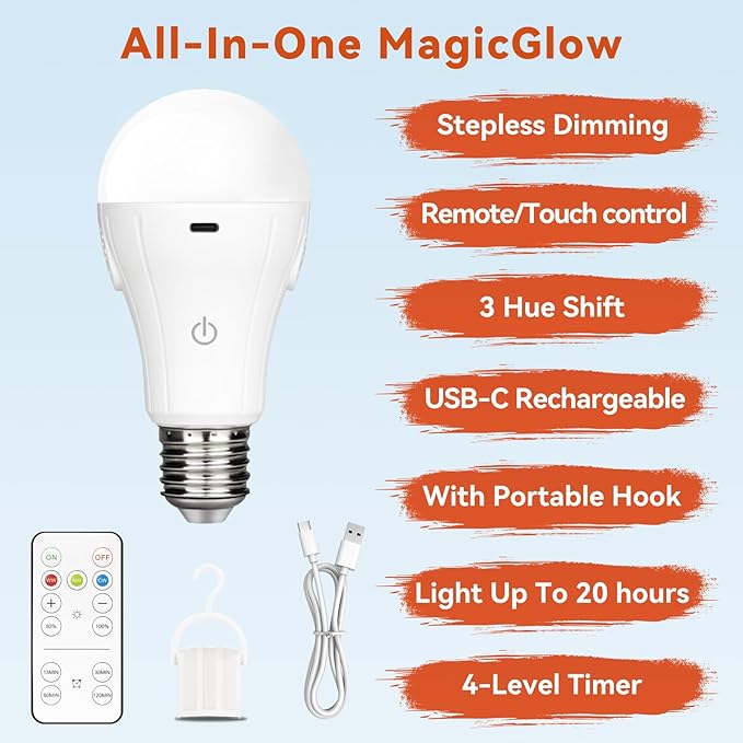 Neporal MagicGlow Rechargeable Light Bulbs with Remote, 3 Colors Shift + Stepless Dimmable Battery Light Bulbs, USB Rechargeable, A19, Up to 24 Hours