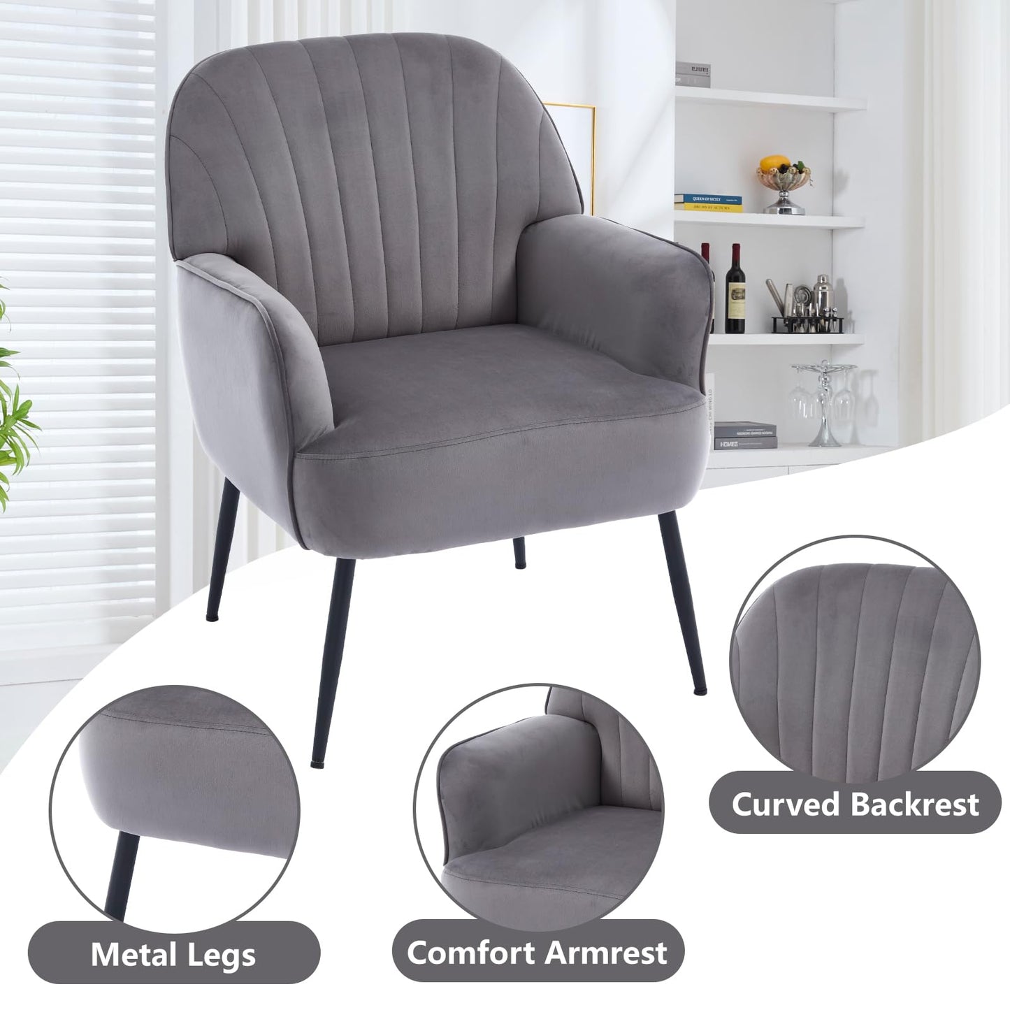 E-Motie Velvet Accent Chair, Modern Upholstered Living Room Chairs, Luxury Single Sofa Armchair, Comfy Barrel Chairs for Bedroom, Waiting Room, Office and Cafe, Grey