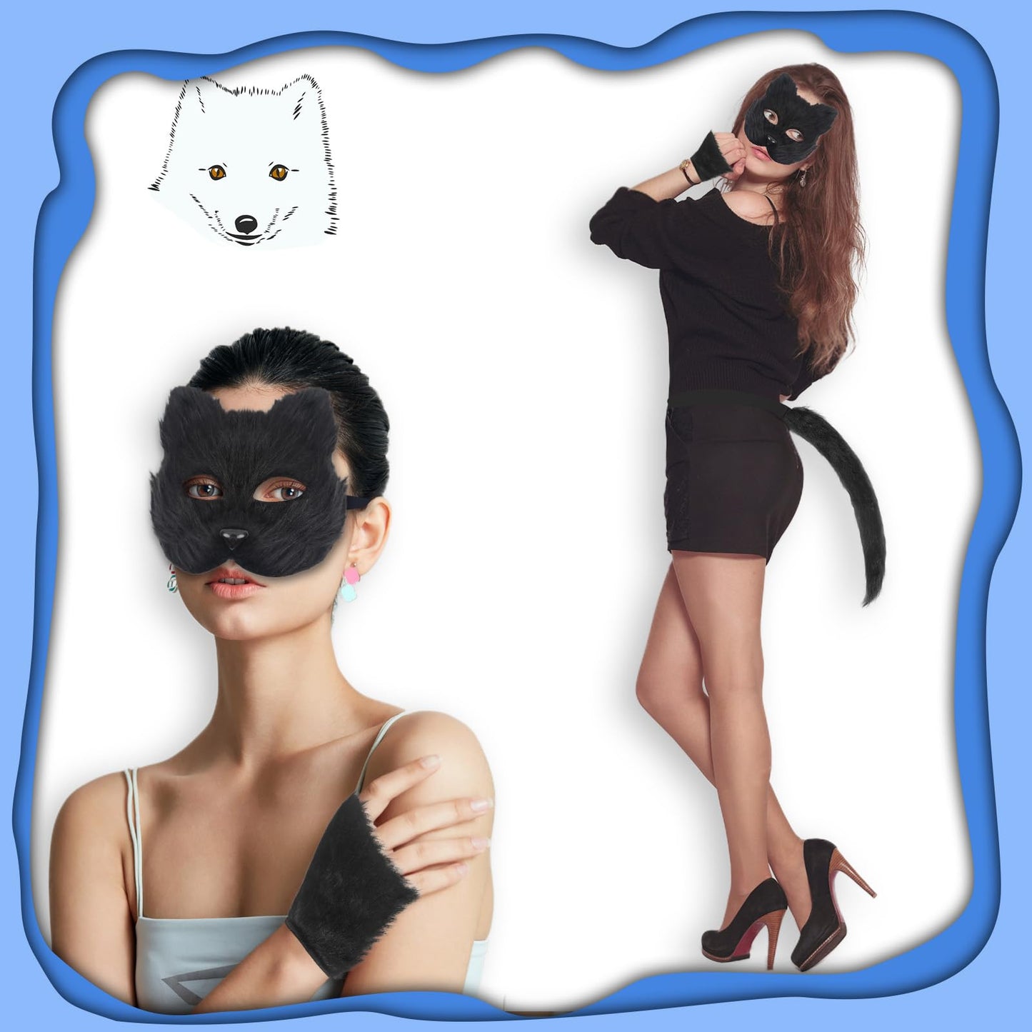 FunMular Therian Mask and Tail Cat Masks Animal Tail Fox Glove Set Furry Paws for Halloween Party Costume (Black)