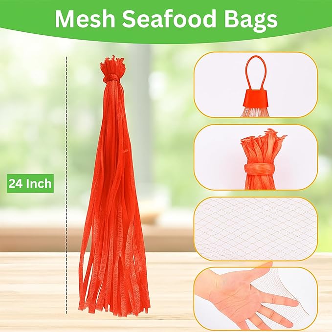 100Pcs Mesh Produce Bags 24-Inch with 100 Buckles – Reusable Seafood Boil Bags for Crab Clam Crawfish Potato Onion Fruits Vegetables Storage Net