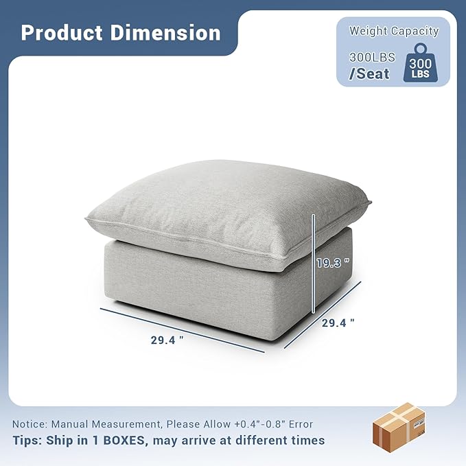 Lopzeho Cloud Movable Ottoman, Waterproof Down Filled Modular Sectional Sofa, High Backrest Sectional Couches for Living Room, Modern Modular Couch with Removable Cover, Light Gray