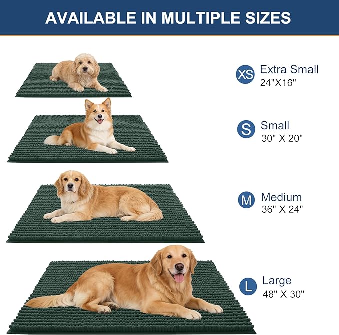 OLANLY Dog Door Mat for Muddy Paws 47x17, Ultra Absorbent Chenille Mud Doormat, Non-Slip Washable and Dirt Trapping Doormat for Indoor Entryway, Quick-Dry Indoor Pet Bed Mats for Dogs, Blackish Green