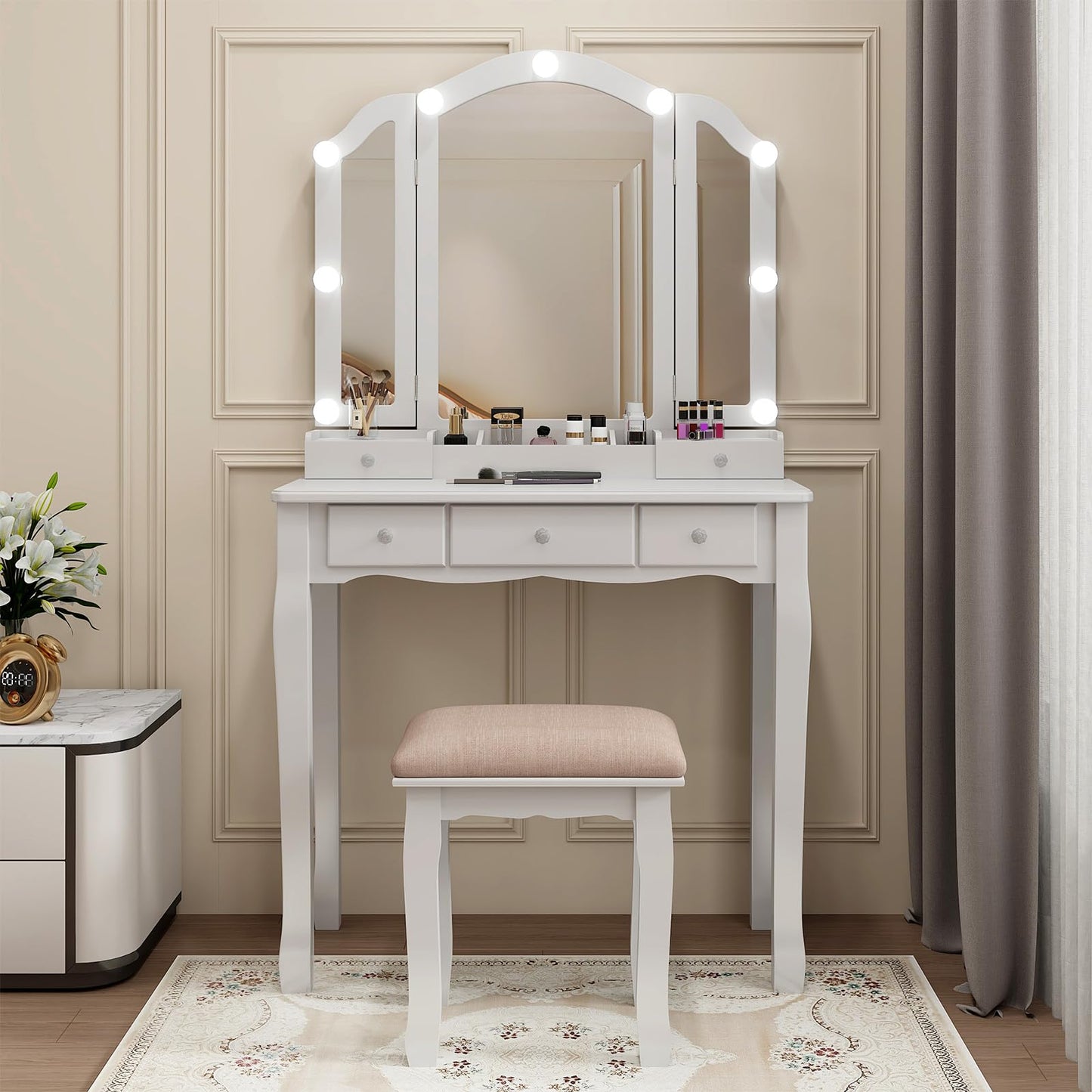 HIULOG Vanity Desk with Mirror and Lights, Vanity with Stool,5 Drawers and Cabinets White Vanity Mirror with LED Lights Vanity Desk and Chair for Bedroom