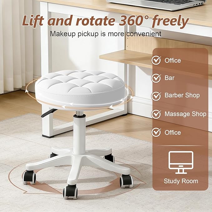 JPBSTO Small Rolling Stool with Wheels, PU Leather Height Adjustable Vanity Work Task Stool, 360 Swivel, Padded Seat Cushion, for Salon, Home, Office