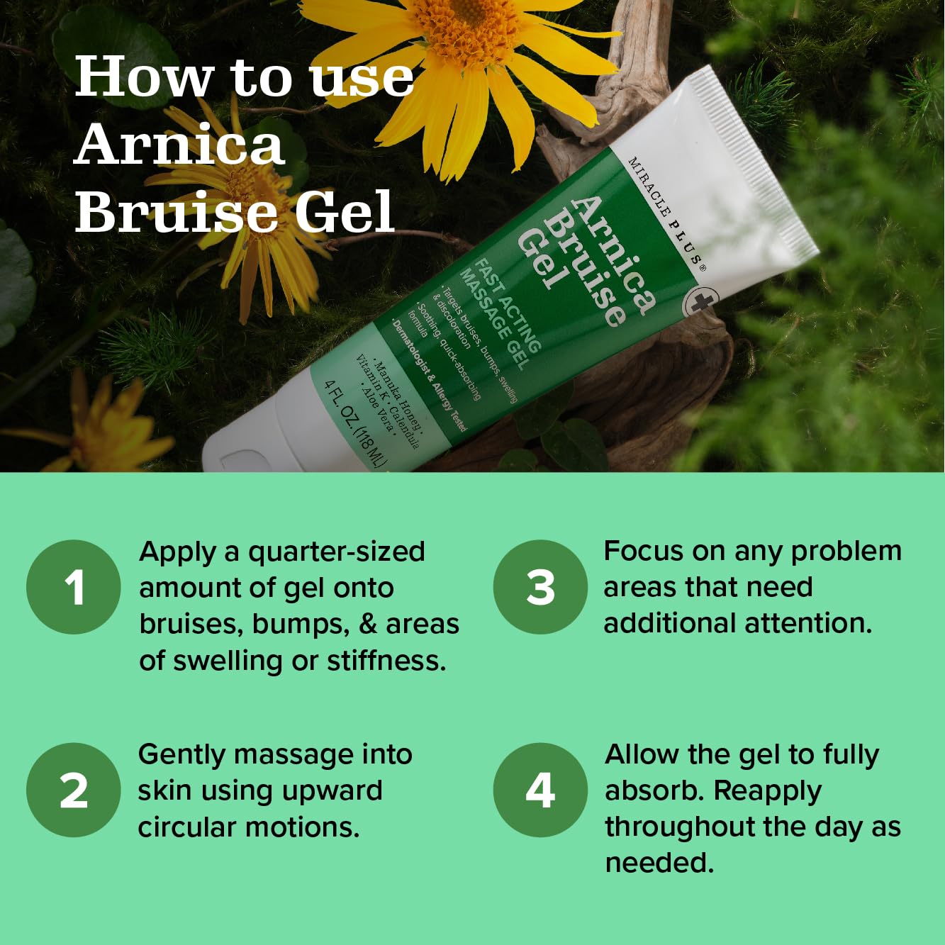 Miracle Plus Natural Arnica Bruise Body Gel | Arnica Montana Lotion For Thin Skin Bruising And Swelling After Surgery | Extra Strength Vitamin K Cream | Skin Care Arnica Ointment For Bruises, 4 Oz