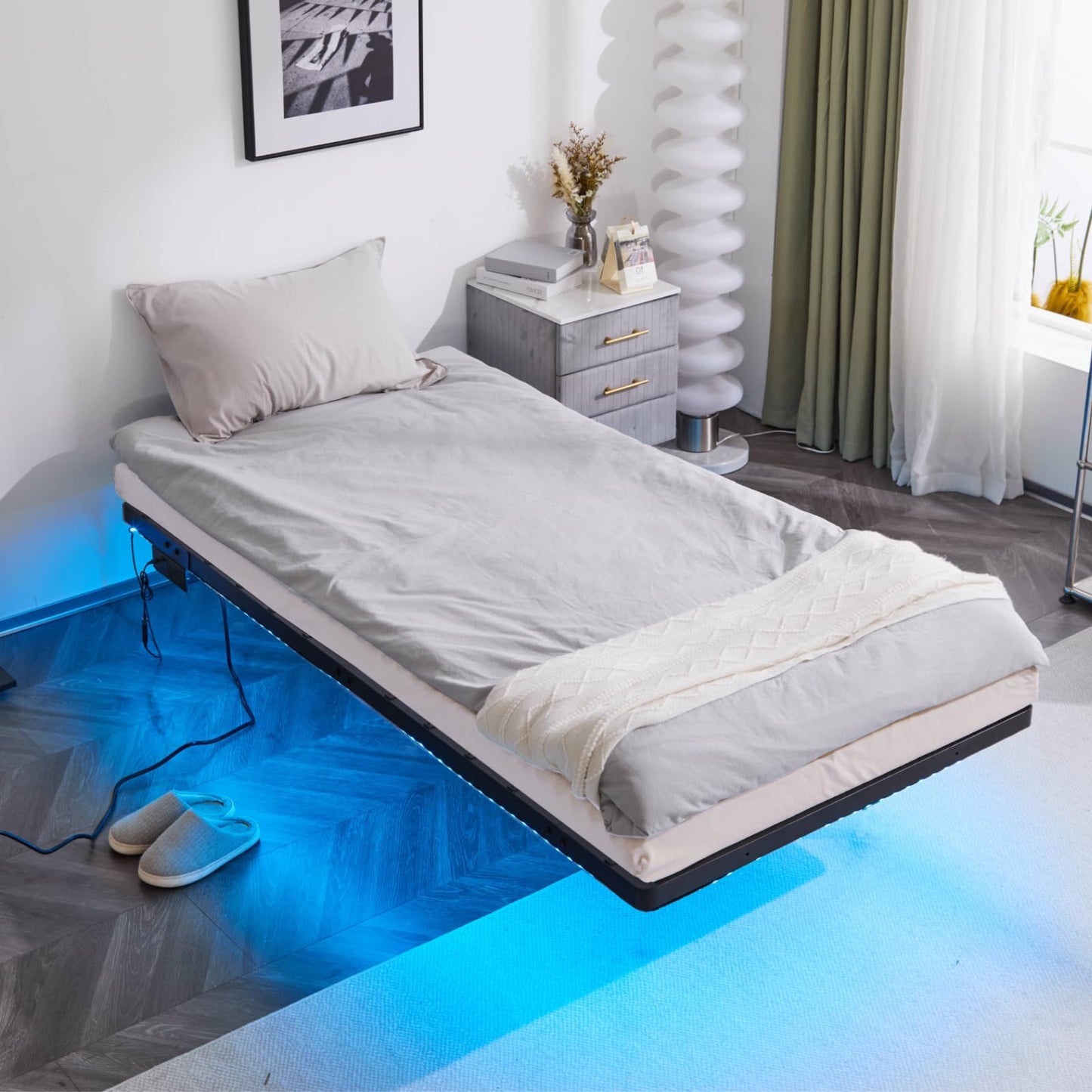 VINGLI Twin Floating Bed Frame with USB Charging Station/LED Lights, 14'' Platform Bed Frame Twin Size Heavy Duty Metal Bed, No Box Spring Needed,Black