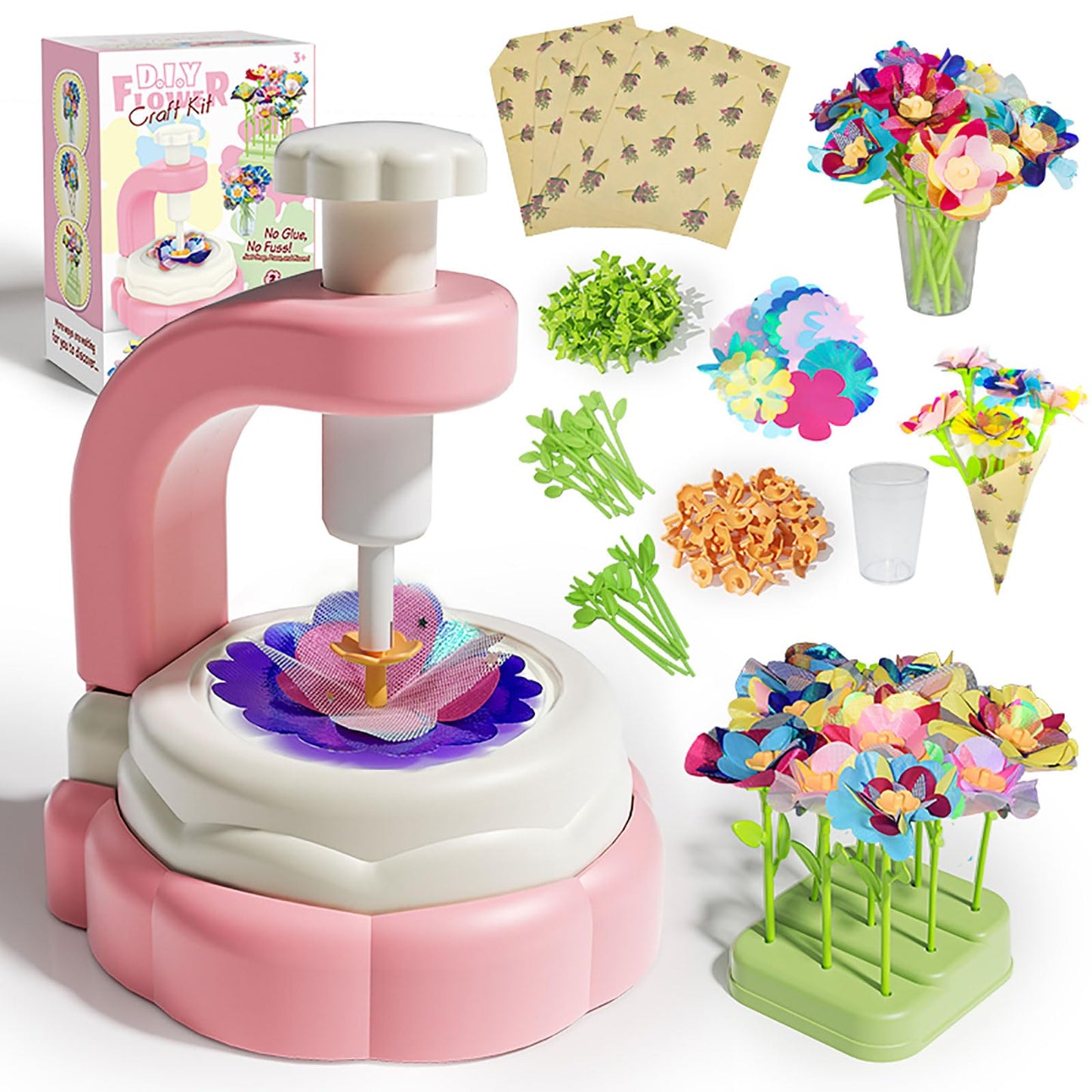 Dikopubby DIY Flower Craft Kit for Kids, Fabric Flower Bouquet Making Kit Arts & Crafts Toys for Girls Ages 3 4 5 6, Creative Birthday Gifts Flower Market Pretend Play Toy