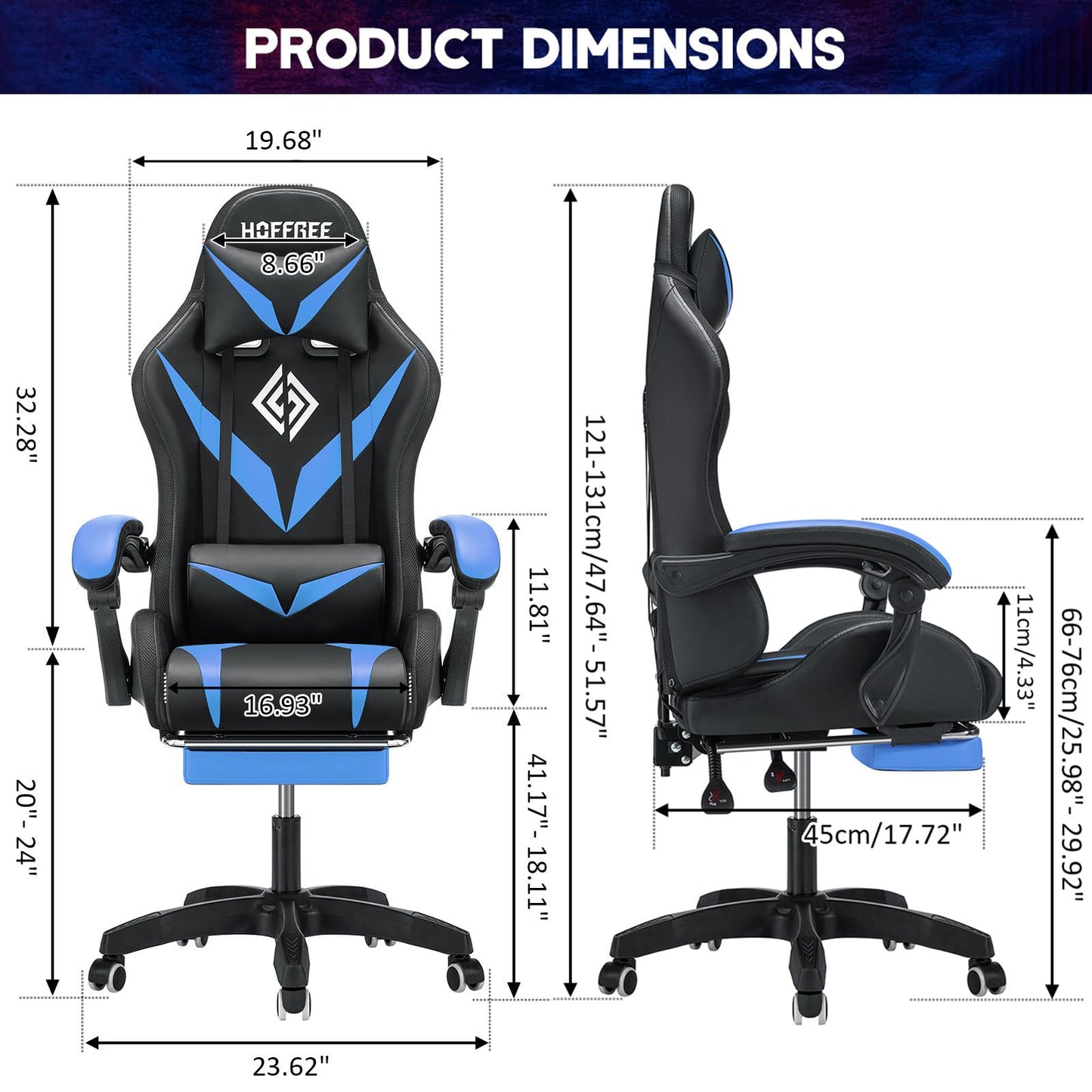 RGB Gaming Chair with Massage and LED Lights Ergonomic Video Game Chairs with Footrest High Back Reclining Computer Chair with Adjustable Lumbar Support Blue and Black