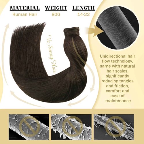 Ve Sunny Ponytail Extension Real Human Hair for Women Clip in Ponytail Hair Extension Straight Hair Pieces Wrap Around Darkest Brown 20inch 80G