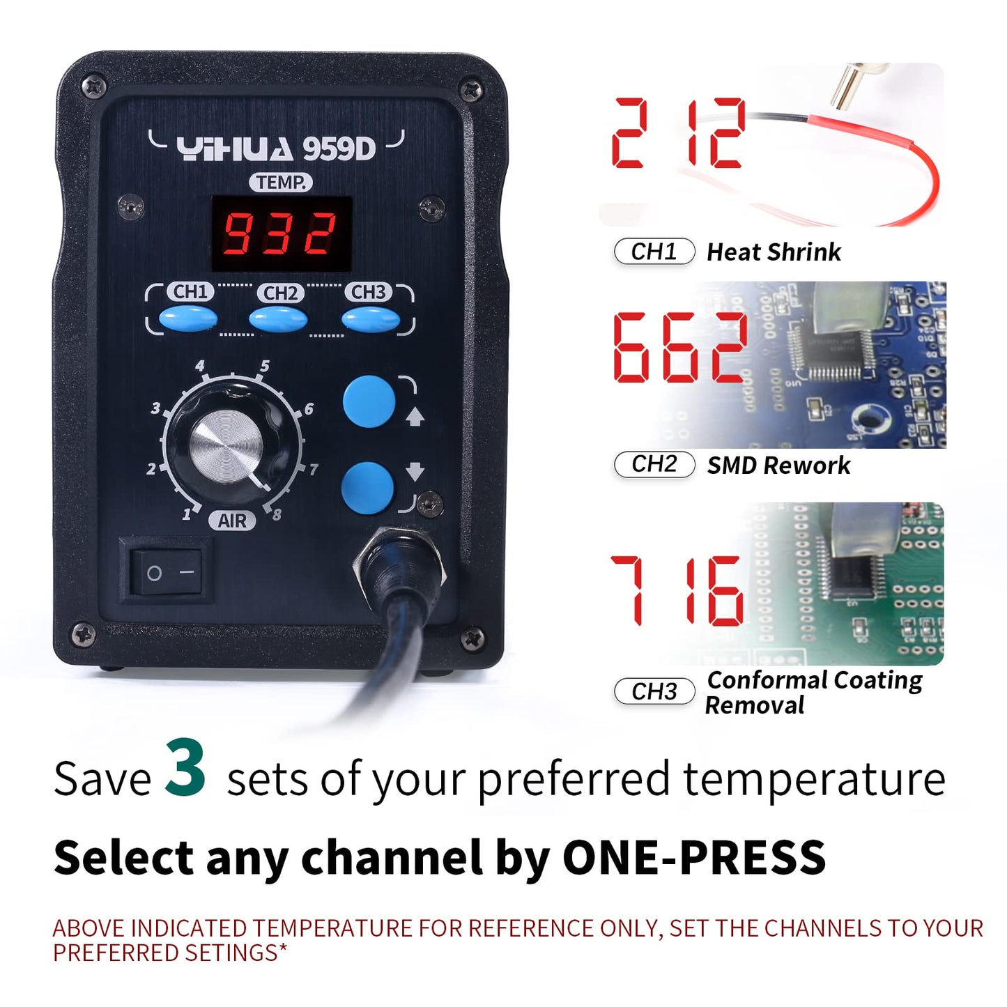 YIHUA 959D-Digital Hot Air Rework Station, High Power with 3 Memories, Airflow Efficiency, °F /°C Display, Accurate Temp.(212°F~932°F), Brushed Aluminum Panel & Safety Features