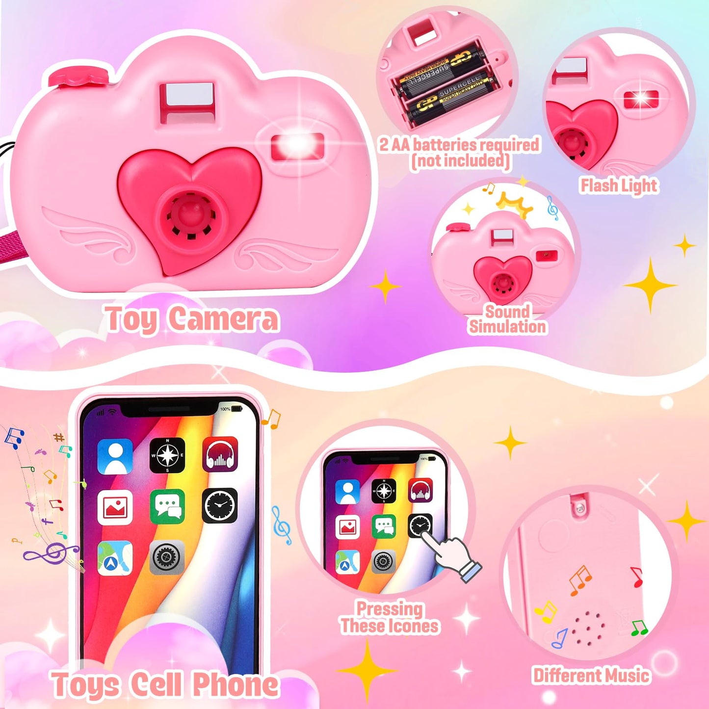Meaicezli Play Purse for Little Girls, 35PCS Toddler Travel Purse with Handbag, Writing Tablet, Camera, Wallet, Fake Makeup, Girl Toys Includes Phone, Eye Mask, Pretend Play Toys for Girls Ages 3+