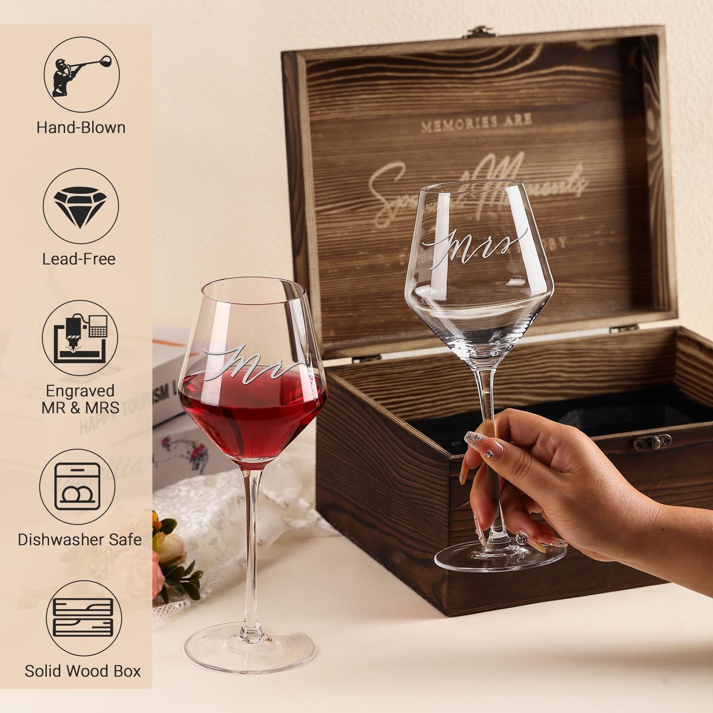 SIPBYSOP Mr Mrs Wine Glasses Gifts for Wedding/Engagement/Bridal Shower,Classy Engagement Present,WEDDING Gift for Couples,Women,Bride to be,Newlyweds-Wedding Keepsake Box Gift Set
