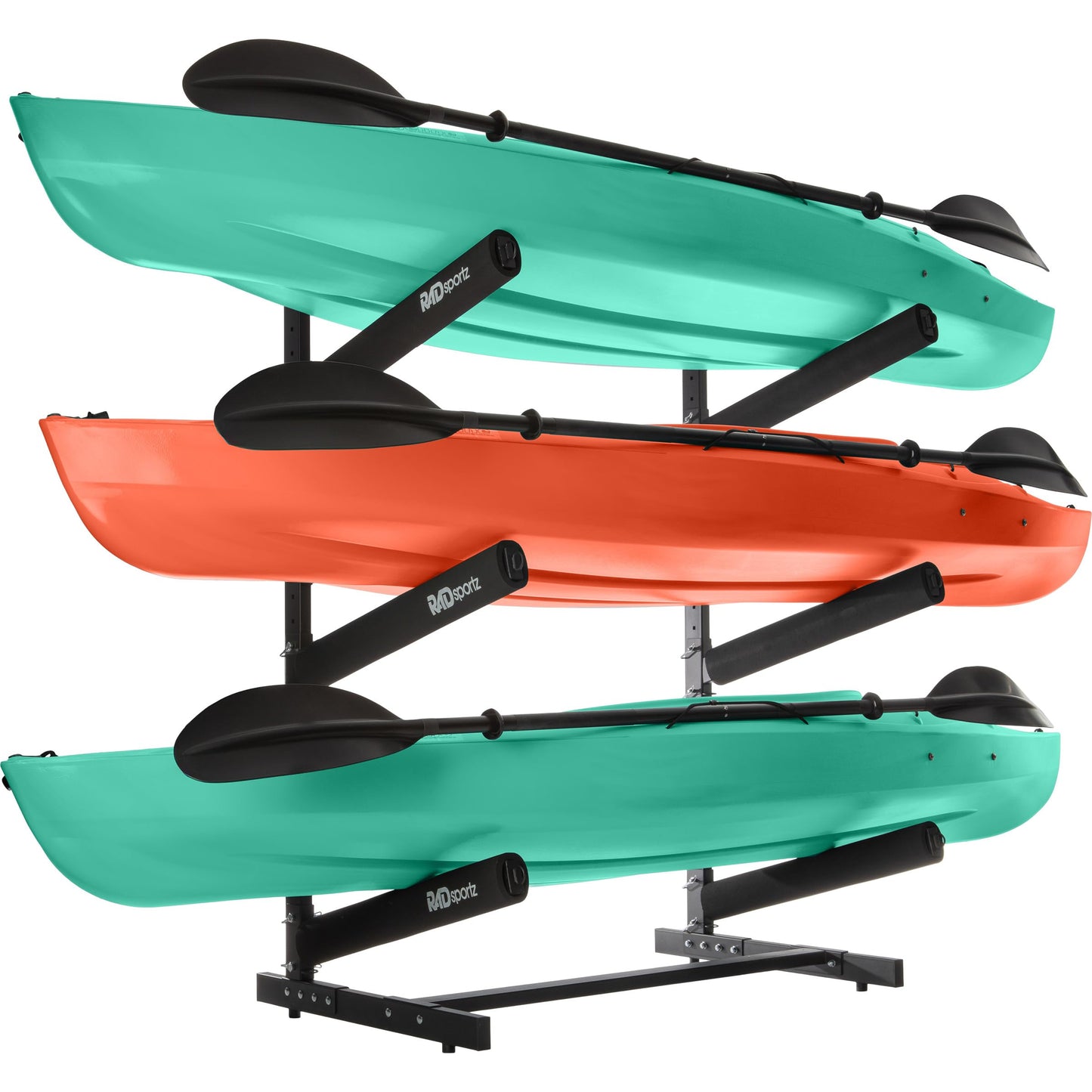 Rad Sportz Kayak Storage Rack - 3-Level Freestanding Adjustable Stand with Padded Arms and 300lb Capacity for Canoes, SUP, or Paddleboards (Black)